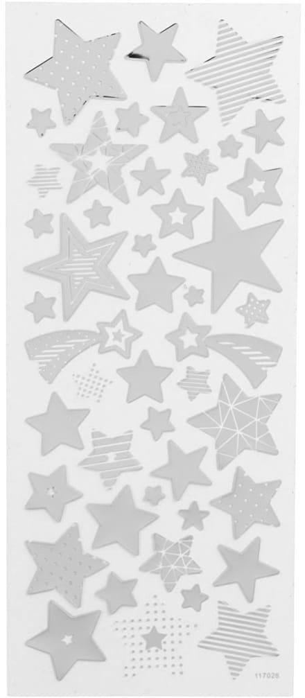 Stickers, sterren, vel 10x24 cm, ca. 52 stuk, zilver, 1 vel