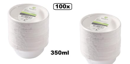 100x Schaal van suikerrietpulp next generation 350ml wit - salade BBQ fruit kom verse gerechten