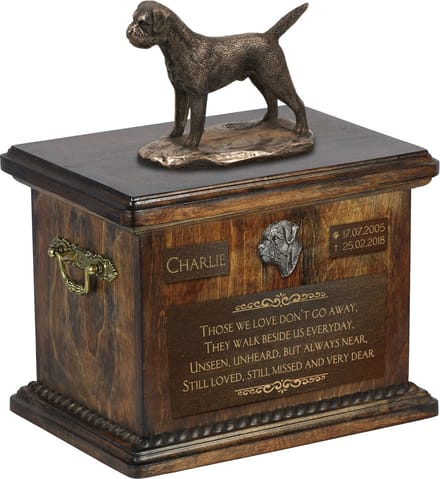 Border Terrier urn met beeldje - gepersonaliseerde urn voor hondenas