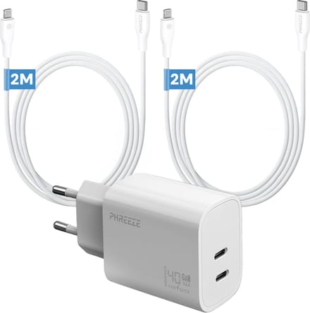 Phreeze usb C adapter - Geschikt voor iPhone en iPad met Lightning kabel - 40 W Power Delivery oplader met 2 kabels 2m