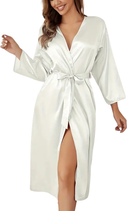 Livano Satijnen Badjas Dames - Kimono - Kamerjas - Satijn - Ochtendjas - Pyjama - Wit - Maat S
