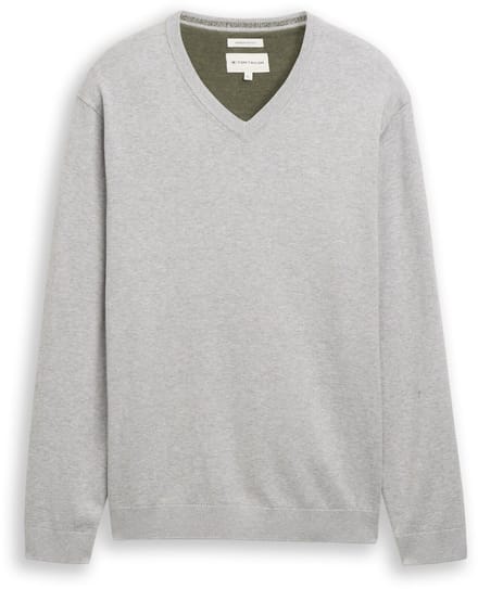 Tom Tailor - Gebreide trui met V-hals van katoen - Maat M - Light Soft Grey Melange