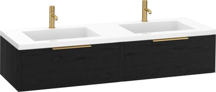 Saqu Lima Actie badmeubel incl. dubbele glans witte wastafel 160x52x34cm eiken zwart – messing greep