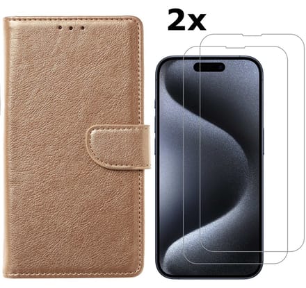 Hoesje Geschikt voor iPhone 15 Pro hoesje bookcase met 2x screenprotector – Goud