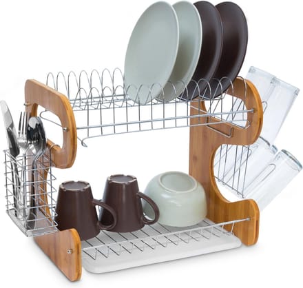 afdruiprek met lekbak - bestekmand - 2 laags - 35 x 51 x 26,5 cm - bamboe