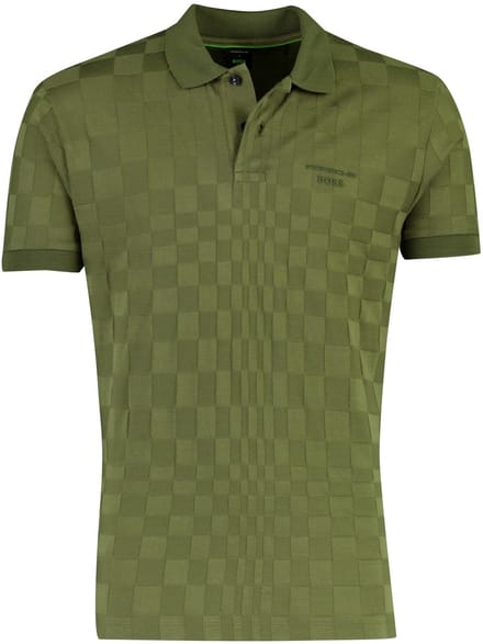 BOSS Green poloshirt donkergroen vierkant patroon gebreid