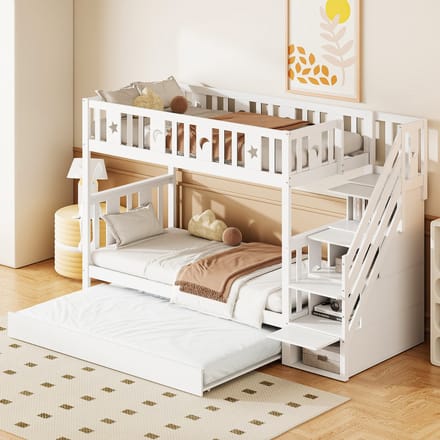 Sweiko Stapelbed - 90 x 200 cm - Met uitschuifbaar bed - Massief hout + MDF - Opbergruimte - Kinderbed - Wit
