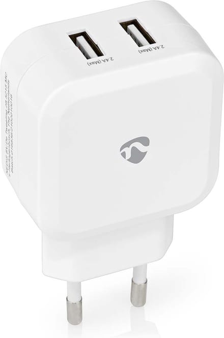 Nedis Oplader - 24 W - 2x 2.4 A - Outputs: 2 - 2x USB-A - Geen Kabel Inbegrepen - Single Voltage Output - Wit