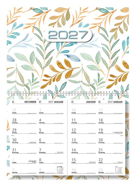 MGPcards - Omleg Maandkalender 2027 - Week begint op zondag - 43 x 34 cm - Bladeren