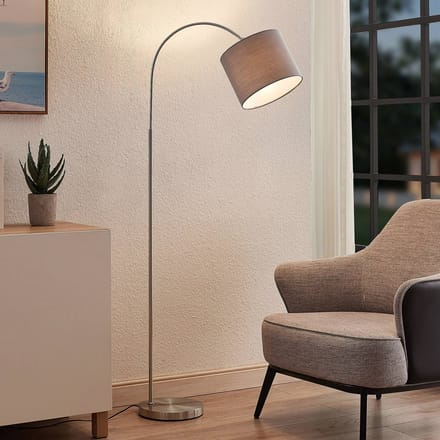 Lindby - booglamp - 1licht - IJzer, textiel - H: 150.2 cm - E27 - satijnnikkel, grijs