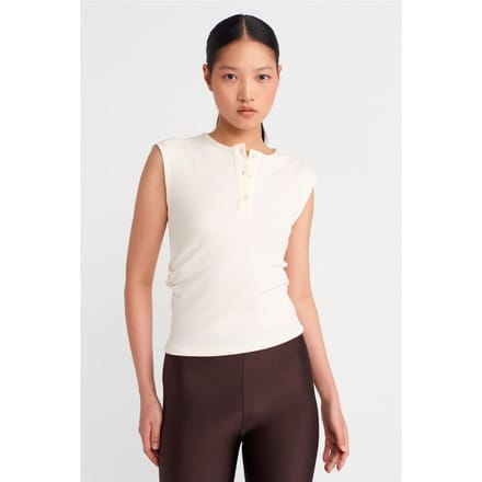 Mouwloze Geribbelde Blouse met Knopen aan de Voorzijde