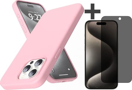 Hoesje met Privacy Screenprotector Geschikt voor iPhone 15 Pro Hoesje Siliconen - liquid case - Arara Backcover - Roze