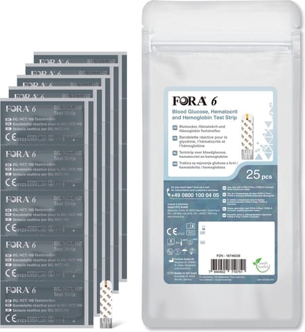 FORA 6 3-in-1 Teststrips: Bloedsuiker, Hematocriet en Hemoglobine (25 stuks)