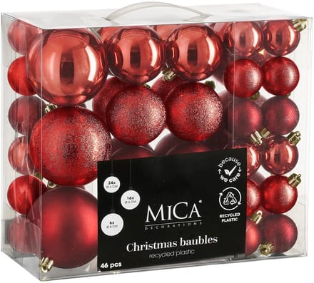 Mica Decorations Kerstballen Rood 46 Stuks - Onbreekbare Kerstballenset van Gerecycled Polystyreen - Diverse Formaten Ø4/6/8 cm - Ideaal voor Kinderen en Huisdieren - Rood