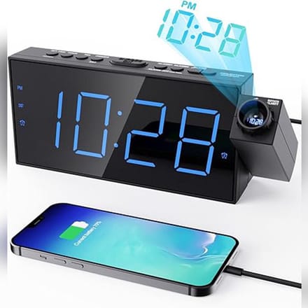 Wekker met Projectie & USB-Oplader – 350° Draaibare Projectiewekker met Dimmer – Groot LED-Display – Dubbel Alarm, Snooze, 12/24 u, DST & Batterij-Back-up
