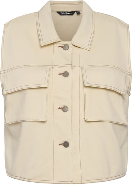Ulla Popken - Dames - mouwloos sweatjack jeansnaden oversized overhemdkraag - Ivoor - Maat 46+