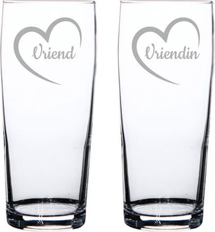 Gegraveerde bierfluitje 19cl Vriend met hartje & Vriendin met hartje