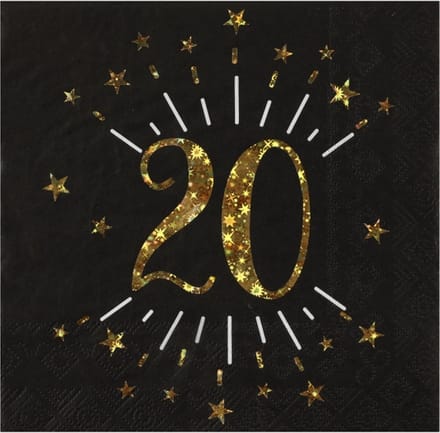 Santex Verjaardag feest servetten leeftijd - 10x - 20 jaar - goud - 33 x 33 cm