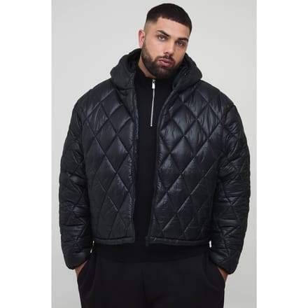Plus Oversized Boxy High Shine Quilted Hooded Funnel Puffer Jacket | Black | Size 2XL