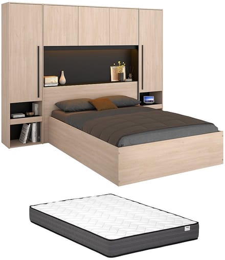 Vente-unique Bed met opbergruimte hout zwart, natuurlijk licht 140 x 190 cm