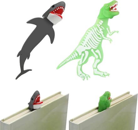 Set van 2 Lichtgevende 3D Bladwijzers Dieren: Haai en Dinosaurus