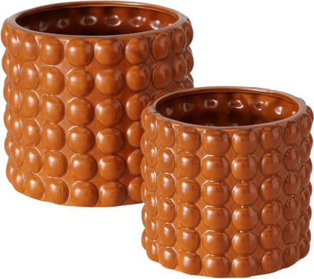 Mooie set bloempotje van bruin keramiek met bollen