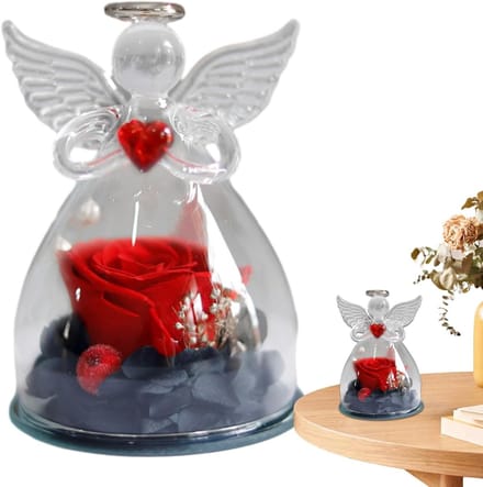 Engel Figuur - Glazen Bewaarde Roos - Romantisch Cadeau - Handgemaakt met Liefde - 7.5x10.5cm - Rood