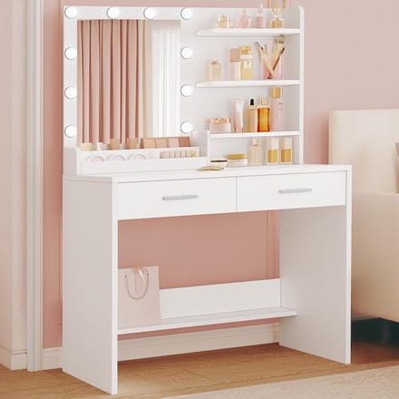 Kaptafel met Spiegel - Make-up Tafel - Slaapkamer Inrichting - Geïntegreerd Verlichting - 90cm Breed - Wit