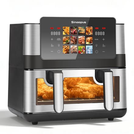 Sinaopus 10L Dubbele Airfryer – 2x5L Dual Zone Heteluchtfriteuse – Kleuren Touchscreen – Sync Finish – Kijkvenster