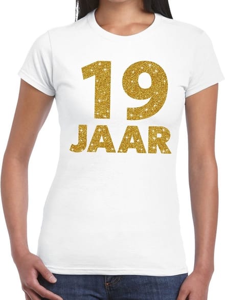 19 jaar goud glitter verjaardag t-shirt wit dames - verjaardag shirts S