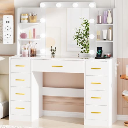 Grote Kaptafel met Verstelbare LED Verlichting en Spiegel, Make-up Tafel met Stopcontact