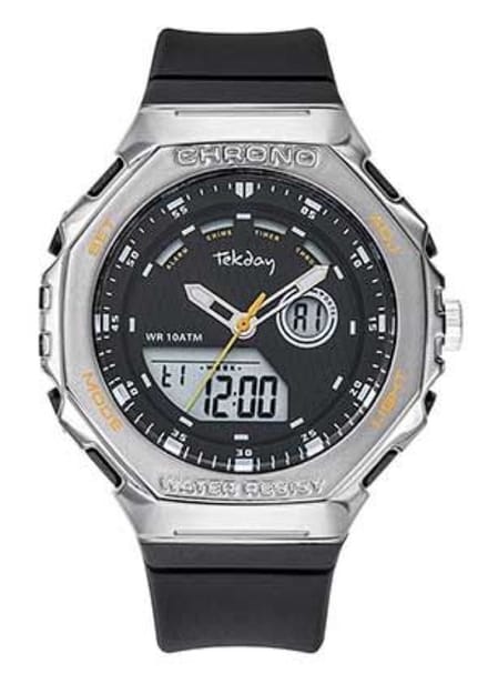 Tekday-Analoog/Digitaal-Alarm-Timer-Chrono-EL-Datum-10ATM-Zwarte silicone band-46MM