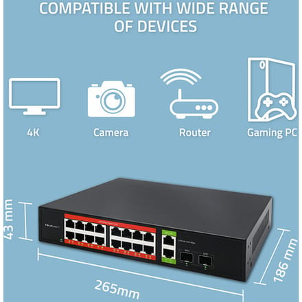 Qoltec SWITCH Netwerkswitch Gigabit Ethernet PoE |   16x RJ45 |   2x RJ45 Uplink |   2x SFP |   1000 Mb/s