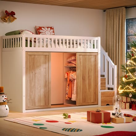 Wishdor Hoogslaper 90x200 cm - Kledingkast & Trapkast - App-LED - Wit & Eiken Hout - Compleet & Slim