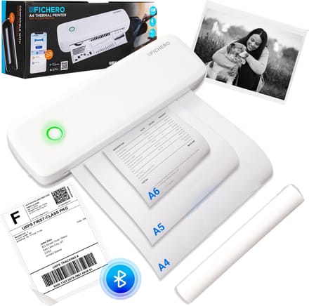 A4 Pocket Printer voor Smartphone - Verzendlabel - 300 DPI - Bluetooth - Draadloos - Mini Printer voor Mobiel - Thermische Printer - Cadeaus voor Hem - Wit - Fichero