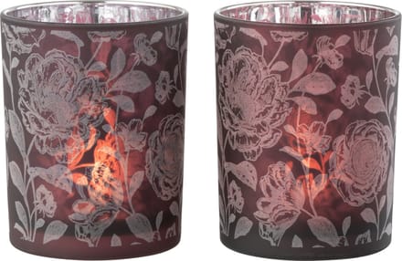 J-Line windlicht Bloemen - glas - paars/zilver - medium - 2 stuks
