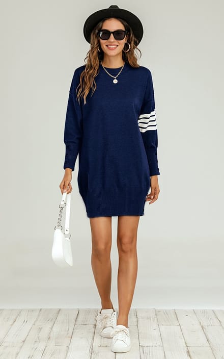 Gebreide tuniekjurk met witte streep in marineblauw