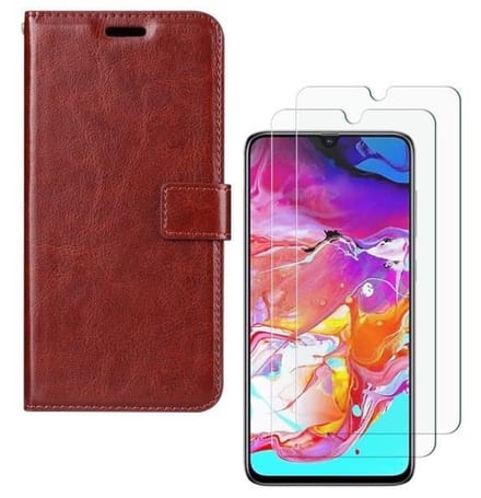 hoesje Geschikt voor: Samsung Galaxy A70 / A70S Portemonnee bruin met 2 stuks Glas Screen protector