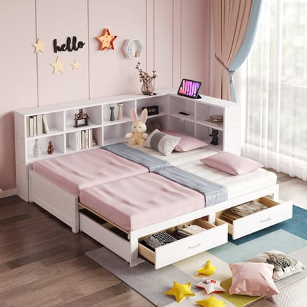 MODFU – Multifunctioneel Uitschuifbaar Bed – 90/180x190 cm – Opbergruimte & Stopcontact – Modern – Hout – Wit