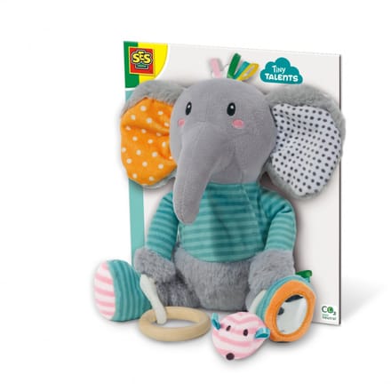 SES Creative - Tiny Talents - Olfi Knuffel Olifant - Sensorisch Speelgoed - met spiegel, knispervoet, bijtring en piepmuis - baby speelgoed