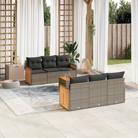 vidaXL - 7-delige - Loungeset - met - kussens - poly - rattan - grijs