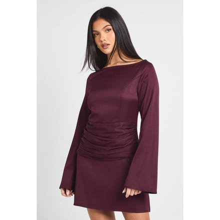 boohoo Dames Satijnen Wikkel Taille Lange Mouw Mini Jurk | Fig | Maat: 10