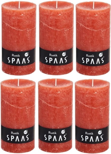Spaas rustieke cilinderkaars/stompkaars - 6x - oranje - 7 x 13 cm - 60 branduren