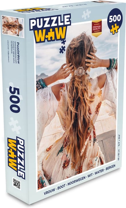 Puzzel Vrouw - Boot - Noorwegen - Wit - Water - Bergen - Legpuzzel - Puzzel 500 stukjes