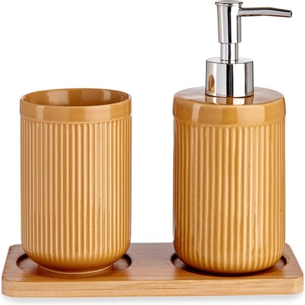 Badkamer accessoires set 3-delig camel bruin gestreept van keramiek - Zeeppompje - Beker - Tray