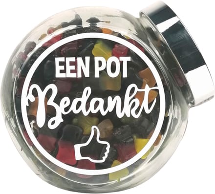 Snoeppot, gevuld met drop-winegum "Bedankt" bedankje, bedankt cadeautje