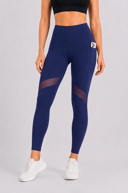 SparkNine Meshmotion sportlegging - dames - met zakken - S - blauw - stijlvolle mesh panelen - telefoon zakken - elastisch - squatproof