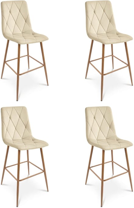 Set van 4 barkrukken LIBRA - Lichtbeige fluweel - Eikenlook metalen poten - Modern design