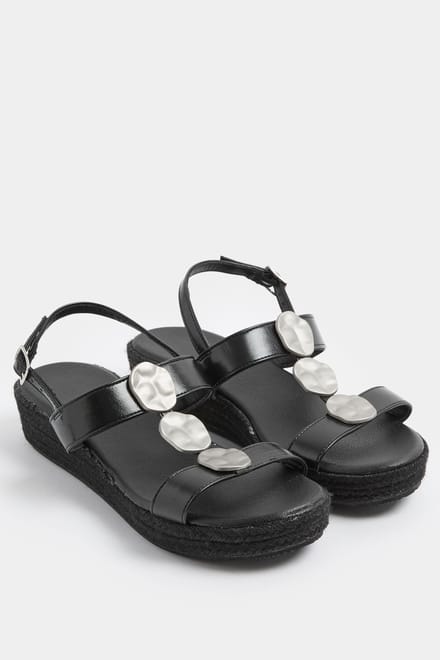 Yours Zwarte Sleehaksandalen Met Gehamerde Schijfjes In Brede Epasvormsize 42E