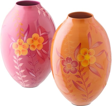 J-Line vaas Bloemen - metaal - roze/oranje - large - set van 2